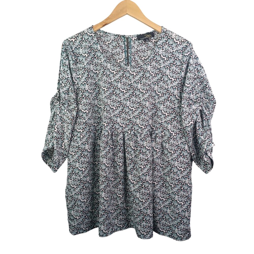 Suzanne‎ Betro Women Leaf Print Tunic Top XL Green White 3/4 Sleeve Forest Fairy